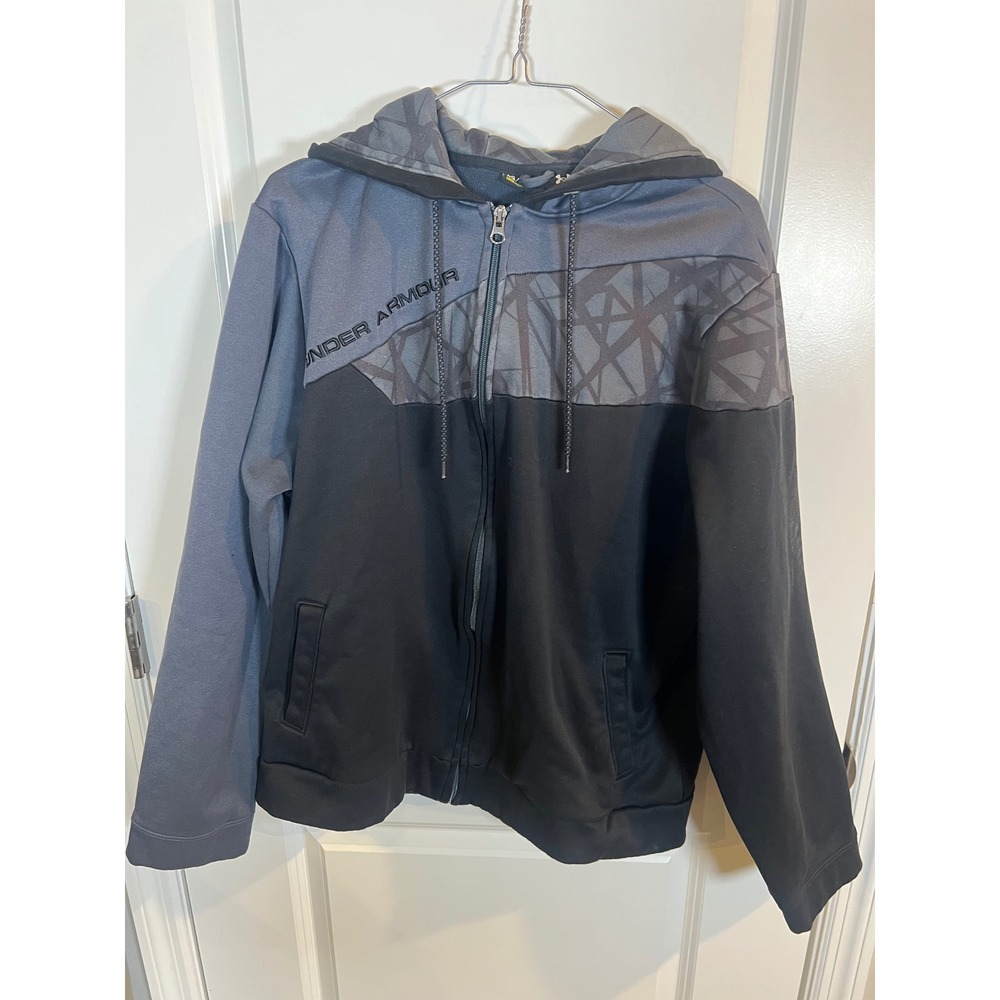 Under Armour Mens Full Zip Hoodie Geometric Graphic Black Gray Large